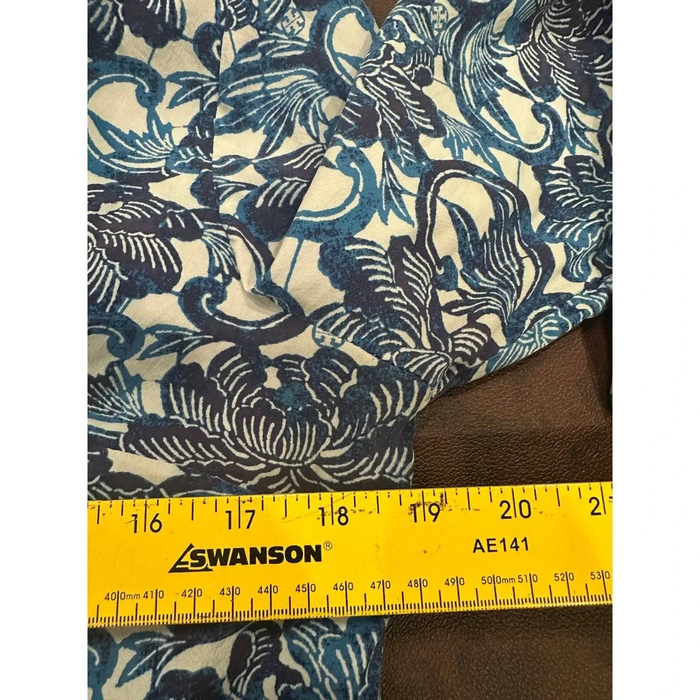 Tory Burch Blue Floral Silk Blend‎ Roll Tab Sleeve Tunic Top Blouse Size 8
